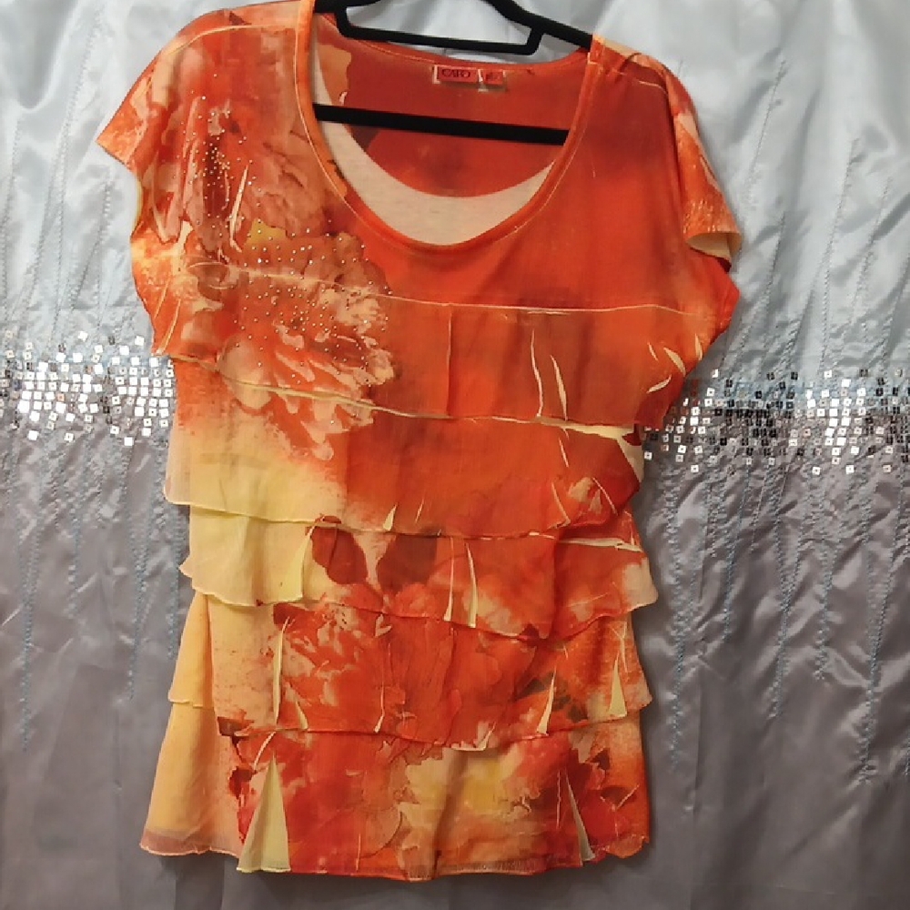 Cato Orange Tiered Blouse with Cap Sleeves